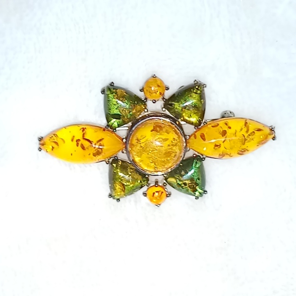 Vintage Sterling Silver & Amber Brooch